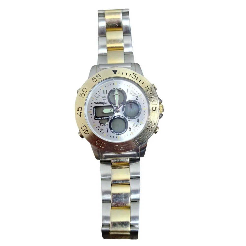 Wrangler Mens Two Tone Ana-Digi Chronograph Watch Silver Gold QA-124 50M